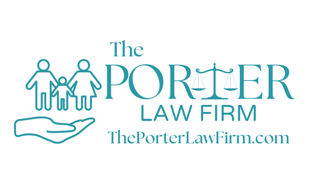 The Porter Law Firm logo featuring a family and justice scales.